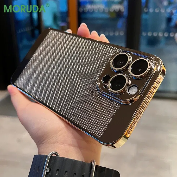 Color: PURPLE, Material: Microfiber - Luxury Plating Hollowed Out Case for iPhone 12 13 Mini 11 14 Pro Max X XR Xs Max 7 8 Plus Heat Dissipation Shockproof Lens Cover