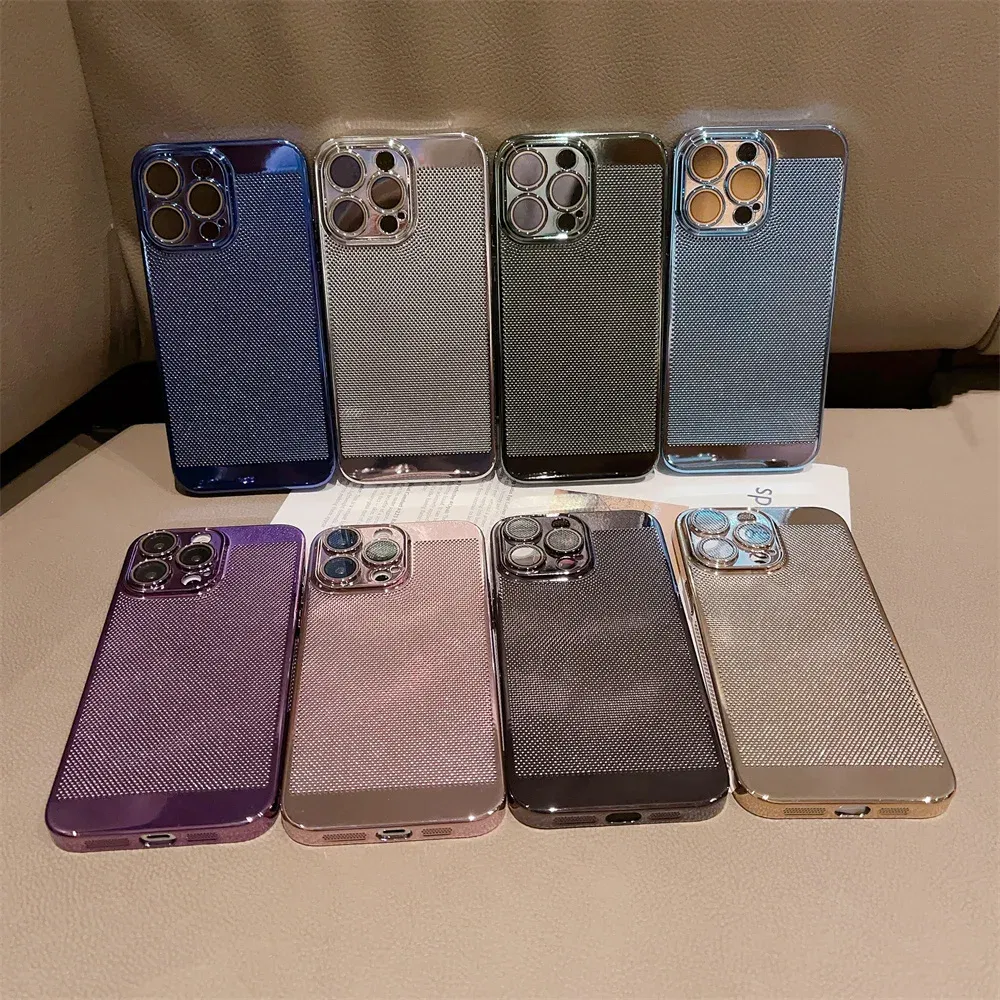 Color: PURPLE, Material: Microfiber - Luxury Plating Hollowed Out Case for iPhone 12 13 Mini 11 14 Pro Max X XR Xs Max 7 8 Plus Heat Dissipation Shockproof Lens Cover