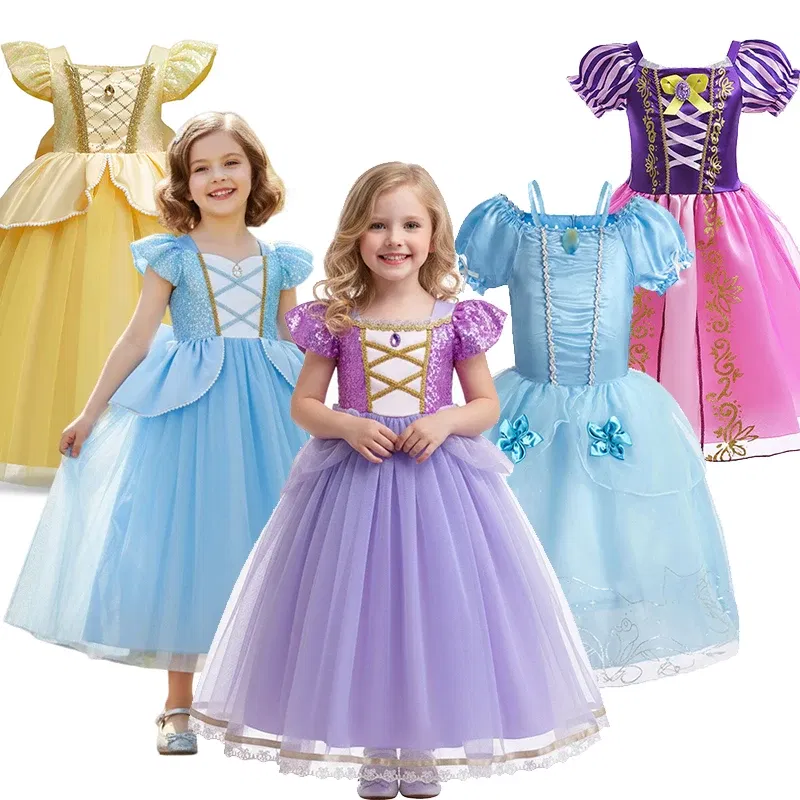 Color: Pink, Kid Size: 14 - Disney Deluxe Elegant Rapunzel Princess Ball Gown Fancy Birthday Party Dress Cinderella Vestidos Costume Play Carnival Apparel