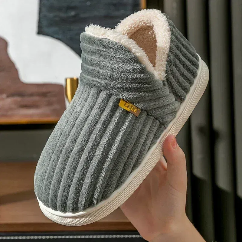Color: SKY BLUE, Shoe Size: 36-37 - Winter Couple Style Concise Solid Color Wrap Heels Plush Slippers Non-slip Warm Flip Flops Women Men Home Casual Cotton Shoes
