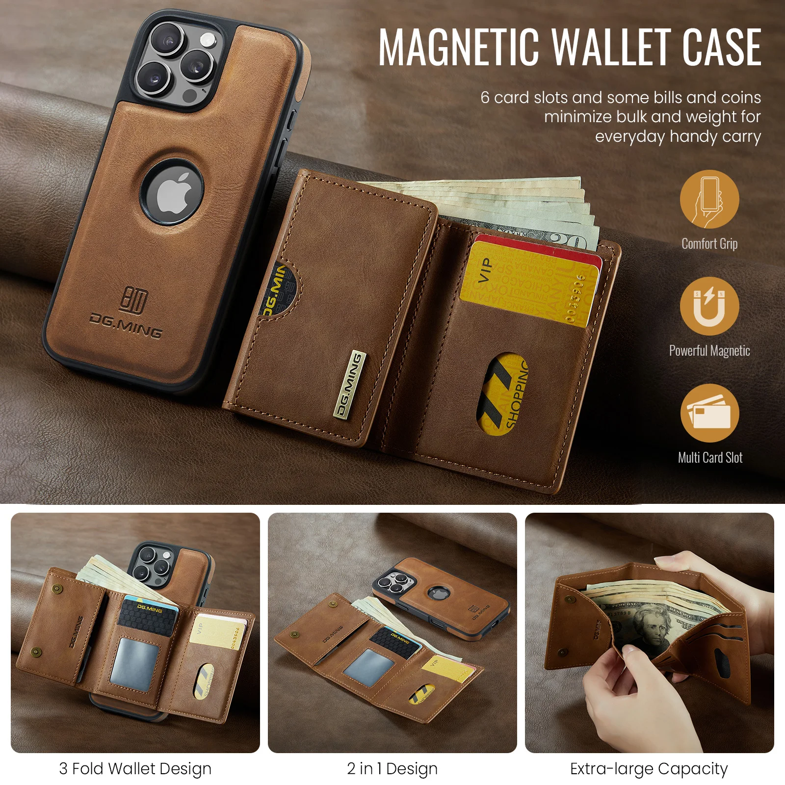 Color: Brown, Material: CANVAS - Detachable 2 IN 1 Magnetic For Magsafe Leather Case For iPhone 16 Pro Max 15 12 13 11 14 Plus 16e Flip Wallet Card Holder Cover