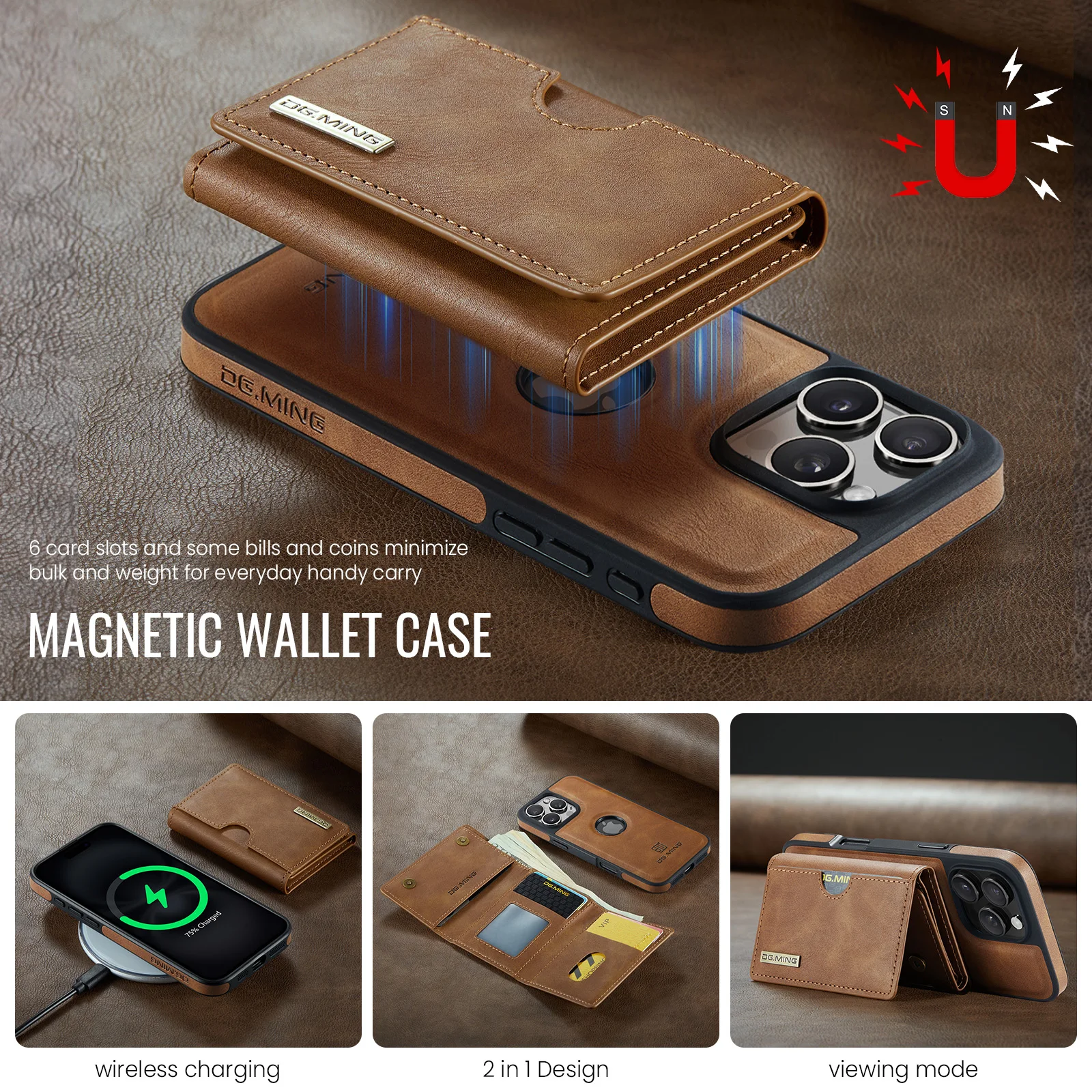 Color: Brown, Material: CANVAS - Detachable 2 IN 1 Magnetic For Magsafe Leather Case For iPhone 16 Pro Max 15 12 13 11 14 Plus 16e Flip Wallet Card Holder Cover
