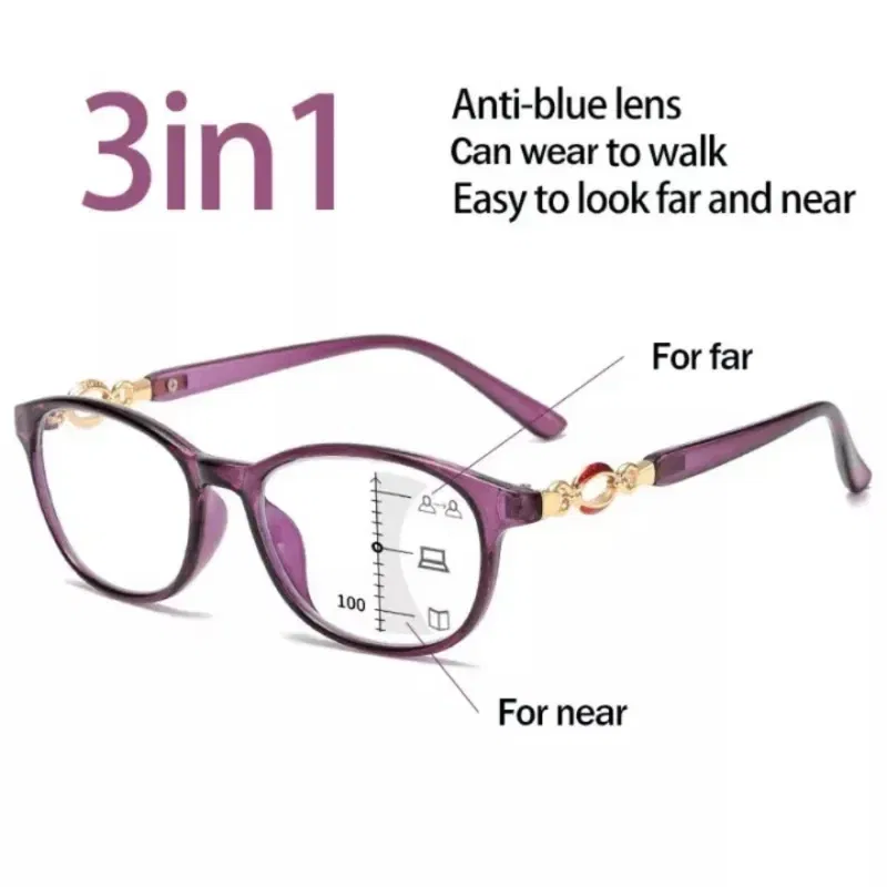 Frame Color: green, Eye Prescription: +25 - FG New 3 in 1 Progressive Multifocal Reading Glasses Women Anti-blue Eyeglasses Easy To Look Far and Near +1.0 To +4.0