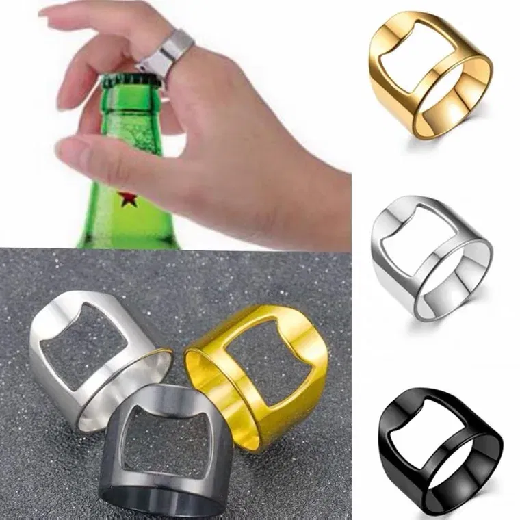 Main Stone Color: green, Ring Size: 12 - VIVILADY Titanium Stainless Steel Creative Bottle Opener Ring Jewelry For Unisex Punk Simple Fashion Party Bar Gift Wholesale