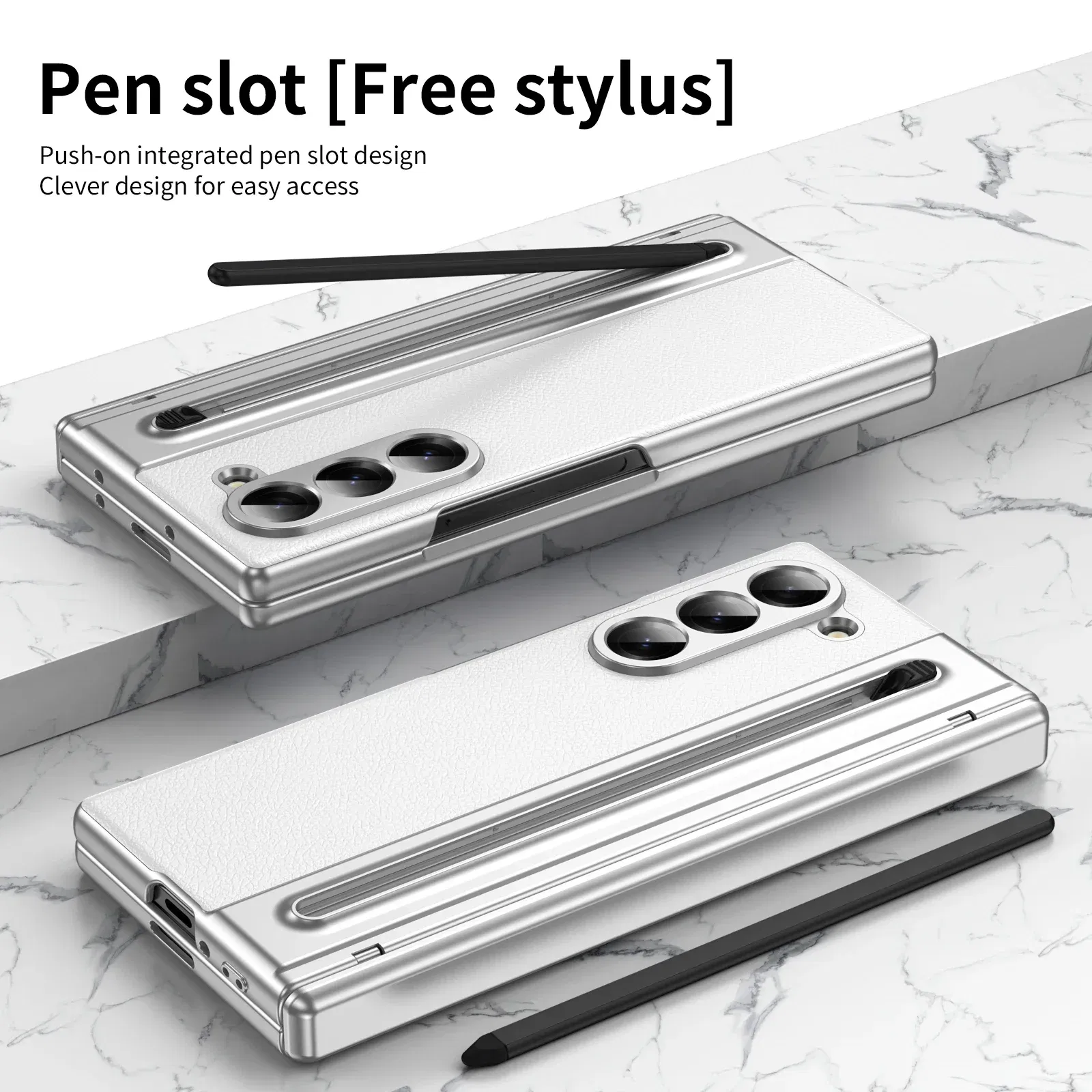 Color: WHITE, Material: CANVAS - With Touch Pen For Samsung Galaxy Z Fold 6 Slim 5 W25 5 4 3 Case Leather Plating Hinge 360 Full Screen Protector Folding Cover