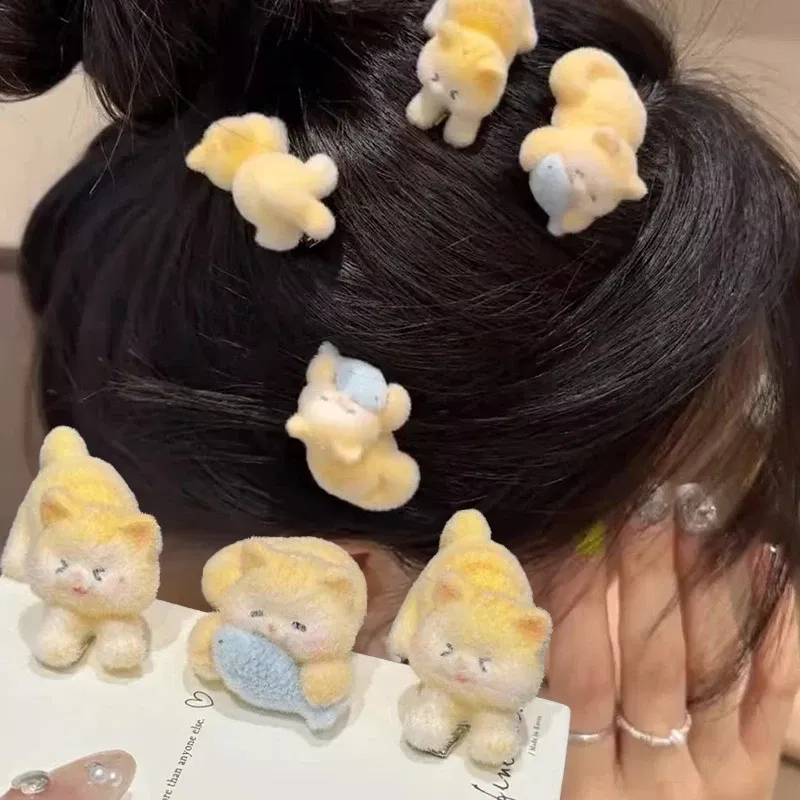 Color: Pink - 1/2pcs New Cat Flocking Hair Clip Plush Cute Cat Fish Hairpin Sweet Kawaii Hair Clips for Girls Kids Headwears Deraction Gifts