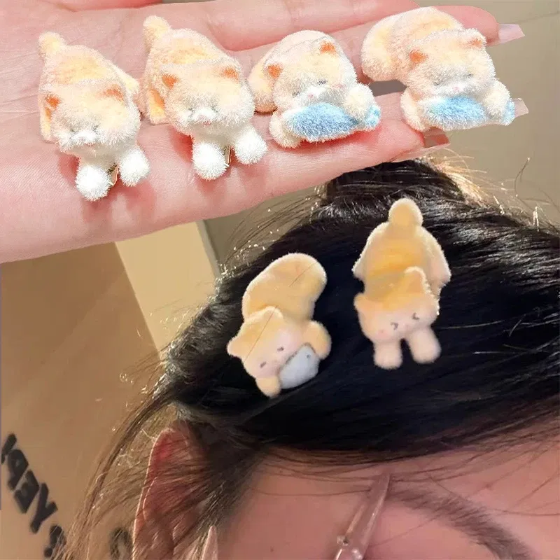 Color: Pink - 1/2pcs New Cat Flocking Hair Clip Plush Cute Cat Fish Hairpin Sweet Kawaii Hair Clips for Girls Kids Headwears Deraction Gifts