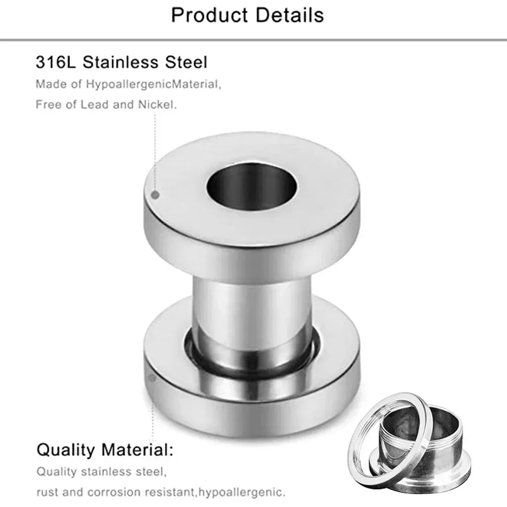 Metal color: Imitation Rhodium Plated, Main Stone Color: Red - 2PCS Multi Color Steel Screw Fit Tunnel Ear Plug Stretcher Gauge 3-25mm Ear Lobe Tunnel Expander