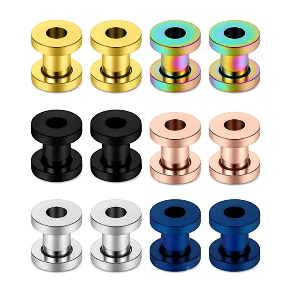 Metal color: Imitation Rhodium Plated, Main Stone Color: Red - 2PCS Multi Color Steel Screw Fit Tunnel Ear Plug Stretcher Gauge 3-25mm Ear Lobe Tunnel Expander