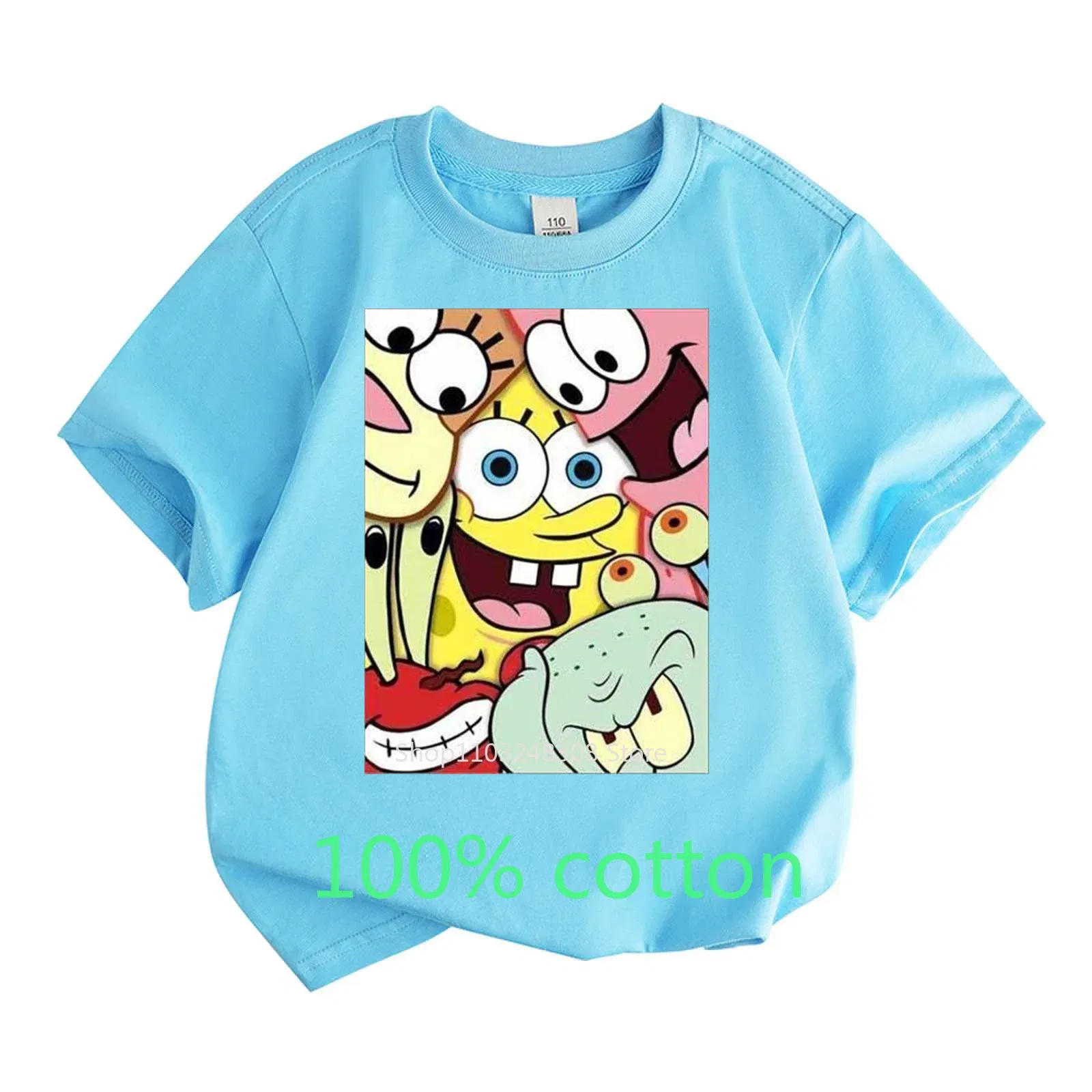 Color: SKY BLUE, Kid Size: 9T - Mr. Krabs Squidward  Sandy Spongebob T-shirt 100%Cotton  Children Round Neck Short-sleeved Boys Girls  Fashion Kids Clothes