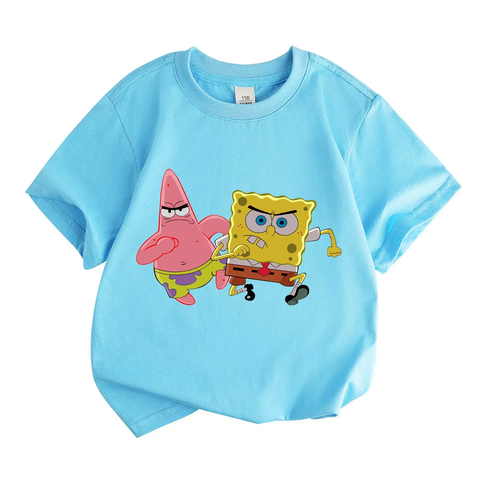 Color: SKY BLUE, Kid Size: 9T - Mr. Krabs Squidward  Sandy Spongebob T-shirt 100%Cotton  Children Round Neck Short-sleeved Boys Girls  Fashion Kids Clothes