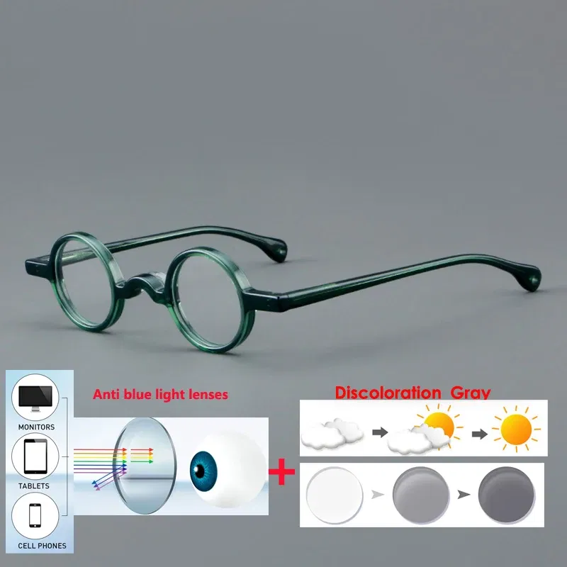 Frame Color: Dark Brown, Eye Prescription: +375 - VCKA Photochromic Acetate Myopia Glasses Men Retro Small Round Frames Women Custom prescription Anti-Blue  Eyewear -0.5 TO -10