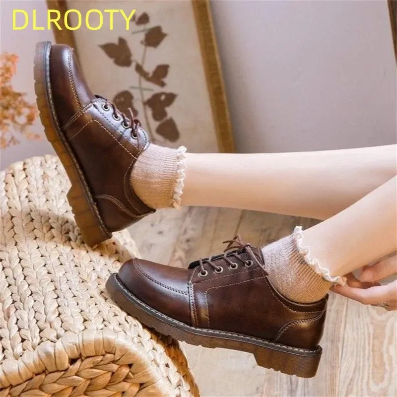 Color: Beige, Shoe Size: 35 - shoes women Oxfords Lace Up Brogue Shoes Flat Platform Ladies Non-slip Shoes Breathable Casual woman Low Footwear zapatos mujer