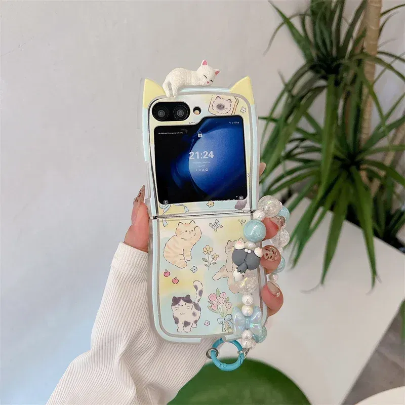 Color: black, Material: Microfiber - 3D Flower Cat Bracelet Phone Case For Samsung Galaxy Z Flip 7 FE 6 5 4 3 ZFlip6 Z Flip6 ZFlip 6 Cat Ears Shockproof Cover