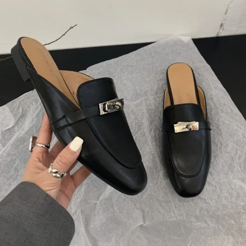 Color: black, Shoe Size: 35, - 2025 Summer Autumn New Women's Leather Comfortable Slip On Slippers Daily Metal Decoration Casual Outside Mules Female Sandals