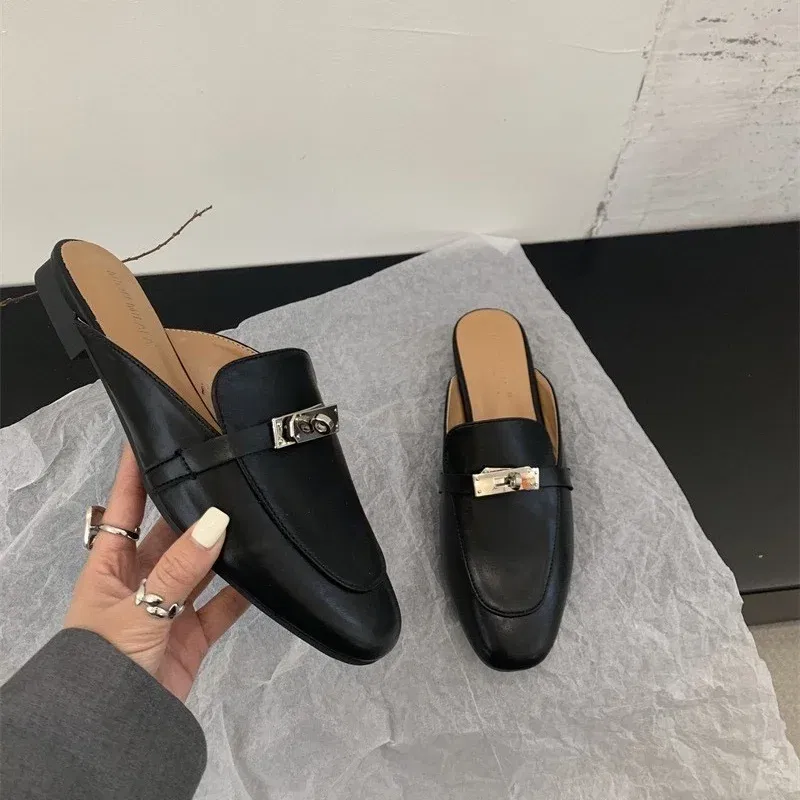 Color: black, Shoe Size: 35, - 2025 Summer Autumn New Women's Leather Comfortable Slip On Slippers Daily Metal Decoration Casual Outside Mules Female Sandals