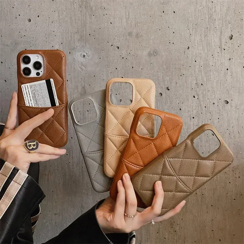 Color: Beige, Material: Plastic - Luxury Lattice Pattern Leather Cover for IPhone 16 15 14 13 Pro Max Credit Card Slot Holder Purse Wallet Shockproof Phone Case