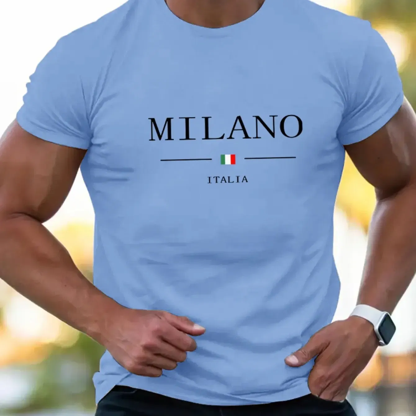 Color: Blue, Size: XL - Summer men's 100% cotton casual sports loose plus MILANO print comfortable shopping round neck short sleeved T-shirt top