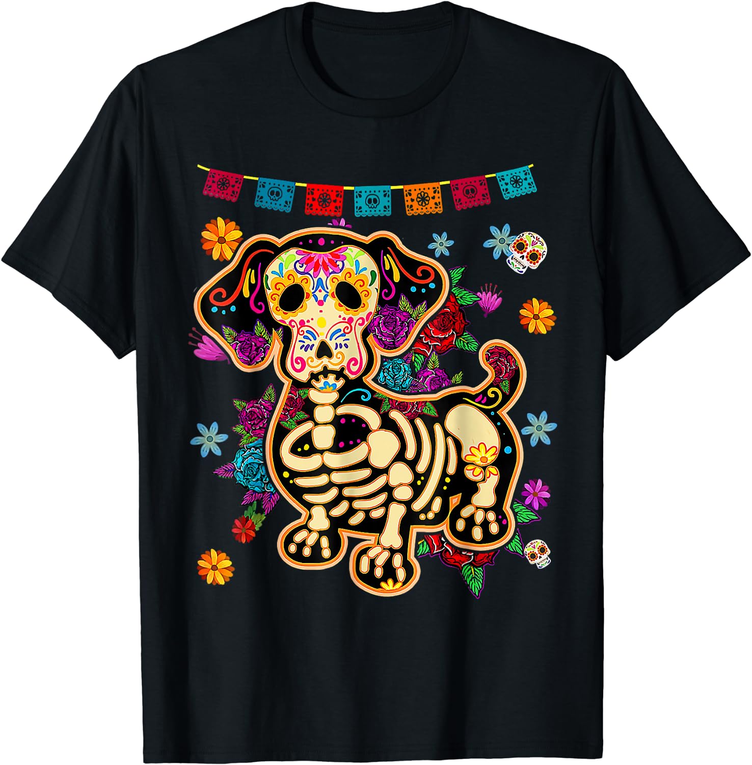 Color: Navy Blue, Size: M - Sugar Skull Mexican Dachshund Bone Halloween Day of Dead T-Shirt Casual Cotton Four Seasons Graphic T Shirts Funny T Shirts
