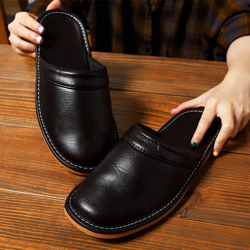 Color: Orange, Shoe Size: 6 - Mens Bedroom Leather Slippers Unisex Black Home Shoes Big Size 47 48 Man's Slippers Indoor Comfy Males Slides Family Flats Shoes