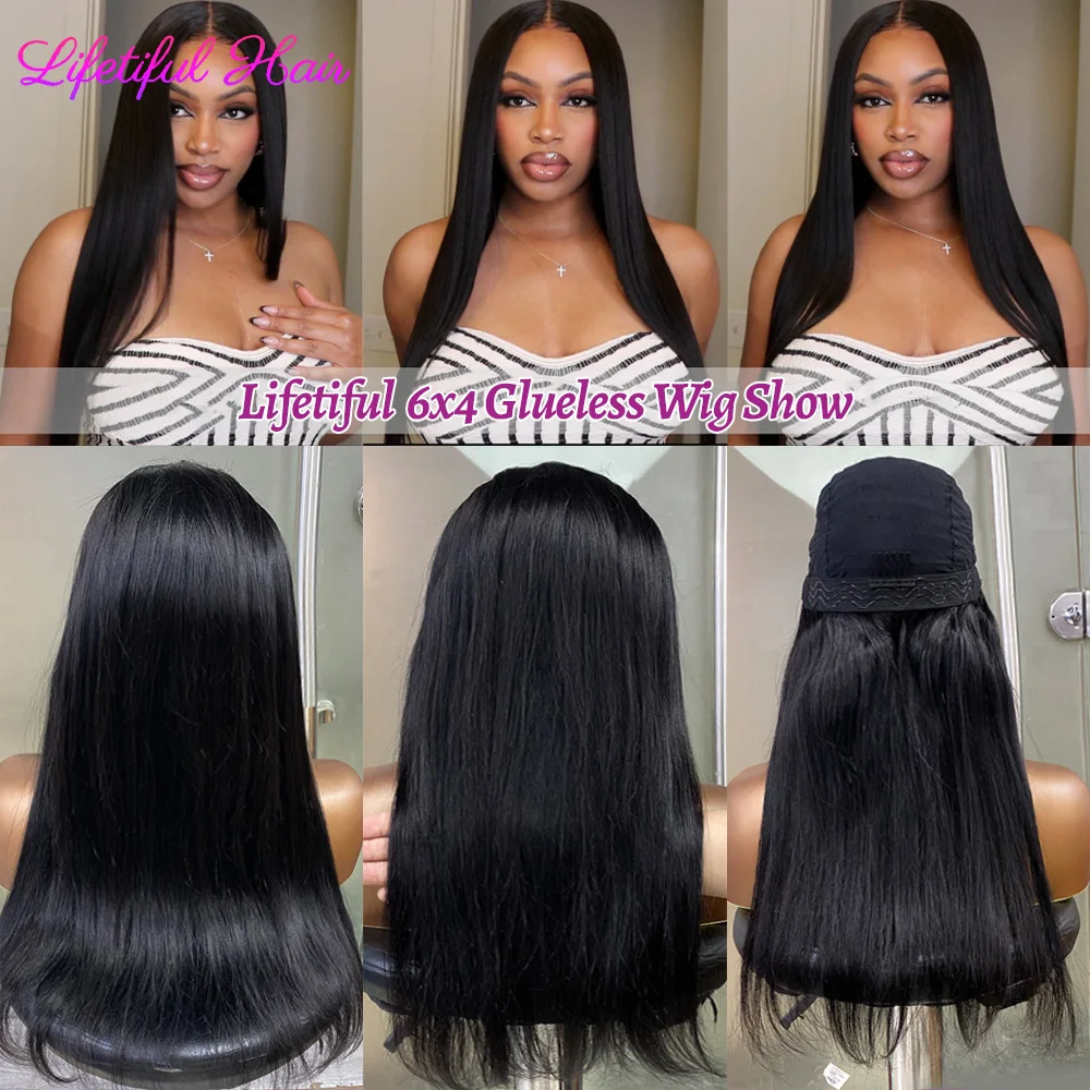 Hair Color: #1B, Density: 200%, Ships From: CHINA, Stretched Length: 24inches - 32 Inch 6x4 Bone Straight Human Hair Wigs Glueless Wig Human Hair Ready To Wear Pre-cut Brazilian 100% Human Hair Wigs For Women