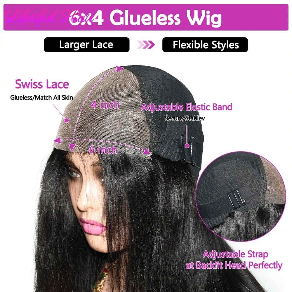 Hair Color: #1B, Density: 200%, Ships From: CHINA, Stretched Length: 24inches - 32 Inch 6x4 Bone Straight Human Hair Wigs Glueless Wig Human Hair Ready To Wear Pre-cut Brazilian 100% Human Hair Wigs For Women