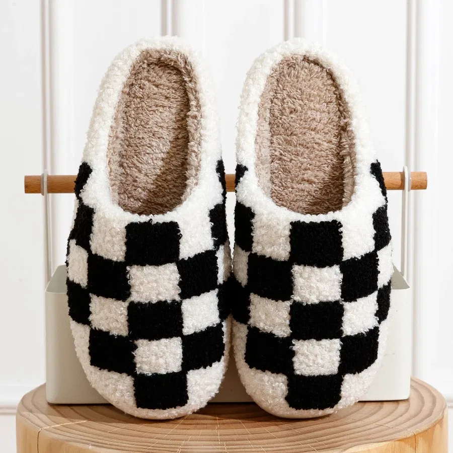 Color: green, Shoe Size: 3.5 - New Fuzzy Slippers Fashion Checker Indoor Embroidery Houseshoes Cozy Woman Winter Fluffy House Retro Checkered Print Shoes