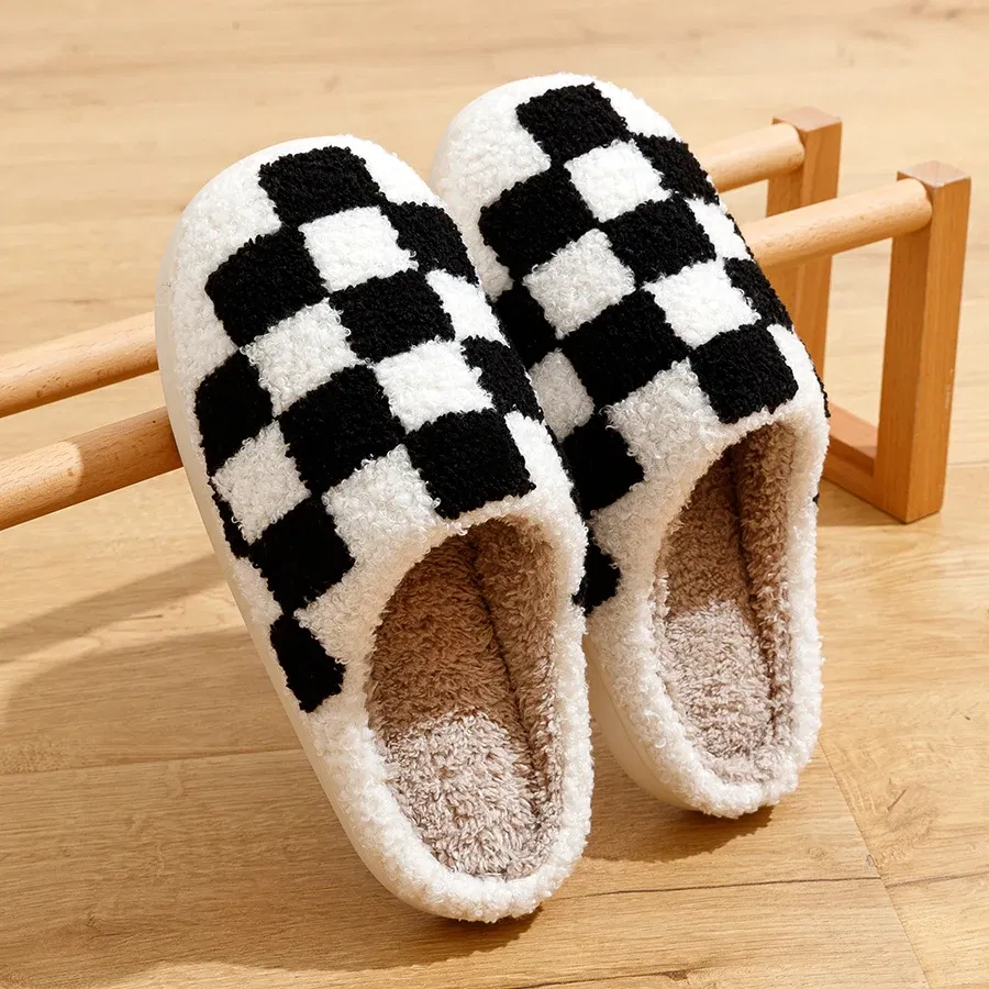 Color: green, Shoe Size: 3.5 - New Fuzzy Slippers Fashion Checker Indoor Embroidery Houseshoes Cozy Woman Winter Fluffy House Retro Checkered Print Shoes