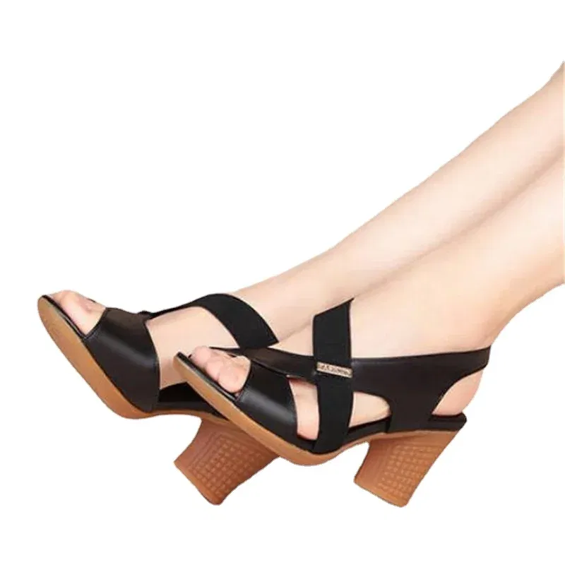 Color: Khaki, Shoe Size: 38 - New Mid-heel Sandals Women Summer Shoes Comfortable High Heels Thick Heel Peep Toe Non-slip Soft Bottom Mother Shoes Slip-On