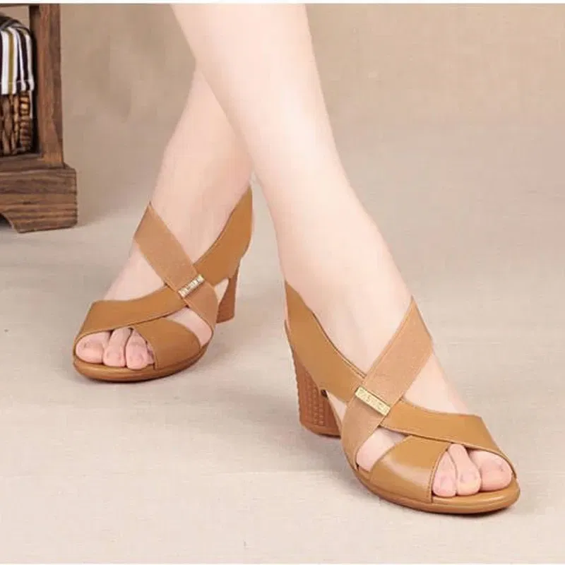 Color: Khaki, Shoe Size: 38 - New Mid-heel Sandals Women Summer Shoes Comfortable High Heels Thick Heel Peep Toe Non-slip Soft Bottom Mother Shoes Slip-On