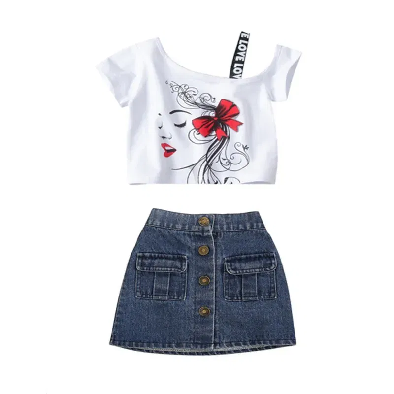 Color: WHITE, Kid Size: 5 - HOT Baby Girl Clothes Girls Clothing Set Fashion Girls Set Print Toddler Girl Tops + Denim Skirts Baby Suit Kids Clothes1