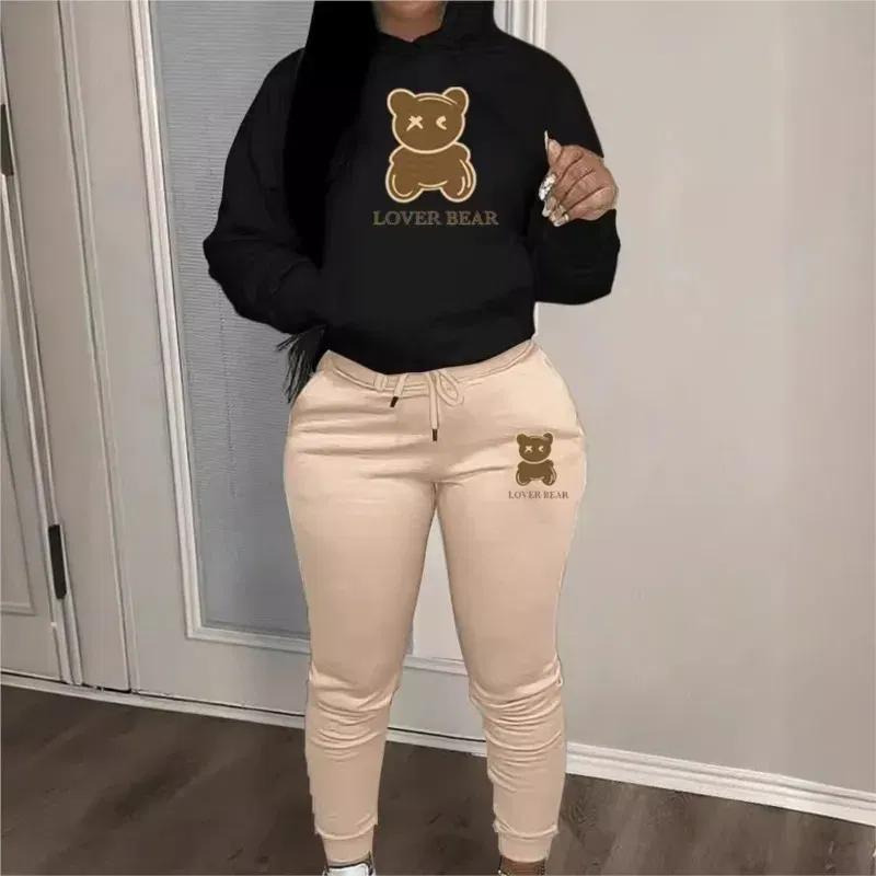 Color: Gold, Size: XL - 2 Piece Set Women Outfit Letter Bear Print Hooded Neck Hoodies Sweatshirt Pants Tracksuit 2024 Plus Size Streetwear Casual Suit
