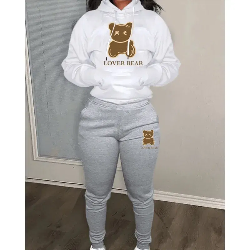Color: Gold, Size: XL - 2 Piece Set Women Outfit Letter Bear Print Hooded Neck Hoodies Sweatshirt Pants Tracksuit 2024 Plus Size Streetwear Casual Suit