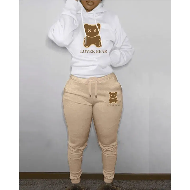 Color: Gold, Size: XL - 2 Piece Set Women Outfit Letter Bear Print Hooded Neck Hoodies Sweatshirt Pants Tracksuit 2024 Plus Size Streetwear Casual Suit