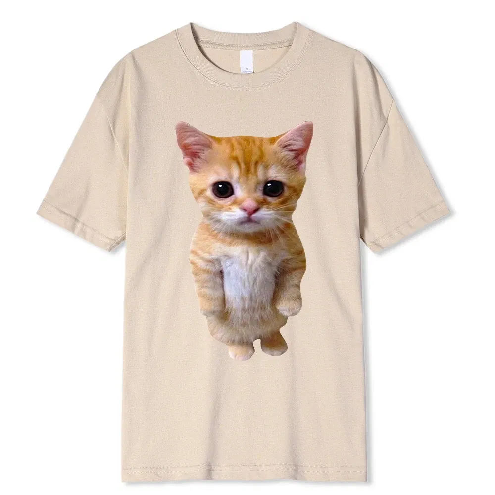 Color: Beige, Size: S - El Gato Meme Sad Crying Cat Munchkin Kitty Meme Trendy Graphic T-shirt Unisex Fashion Short Sleeve T-shirts Oversized Streetwear