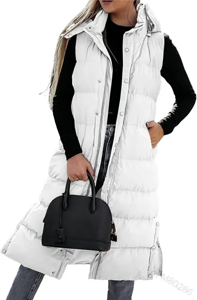 Color: WHITE, Size: XXL - Hooded Zipper Jacket Women Oversize Waistcoat Winter Outerwear Hooded Parka Fashion Quilted Vest Casual