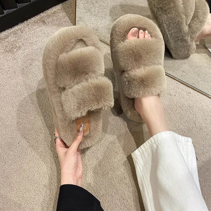 Color: light yellow, Shoe Size: 35 - New Winter Open Toe Slipper Fur Thick Sole Flats Heel Ladies Casual Slip On Bedroom Shoes Soft Outdoor Fashion Fur Slippers