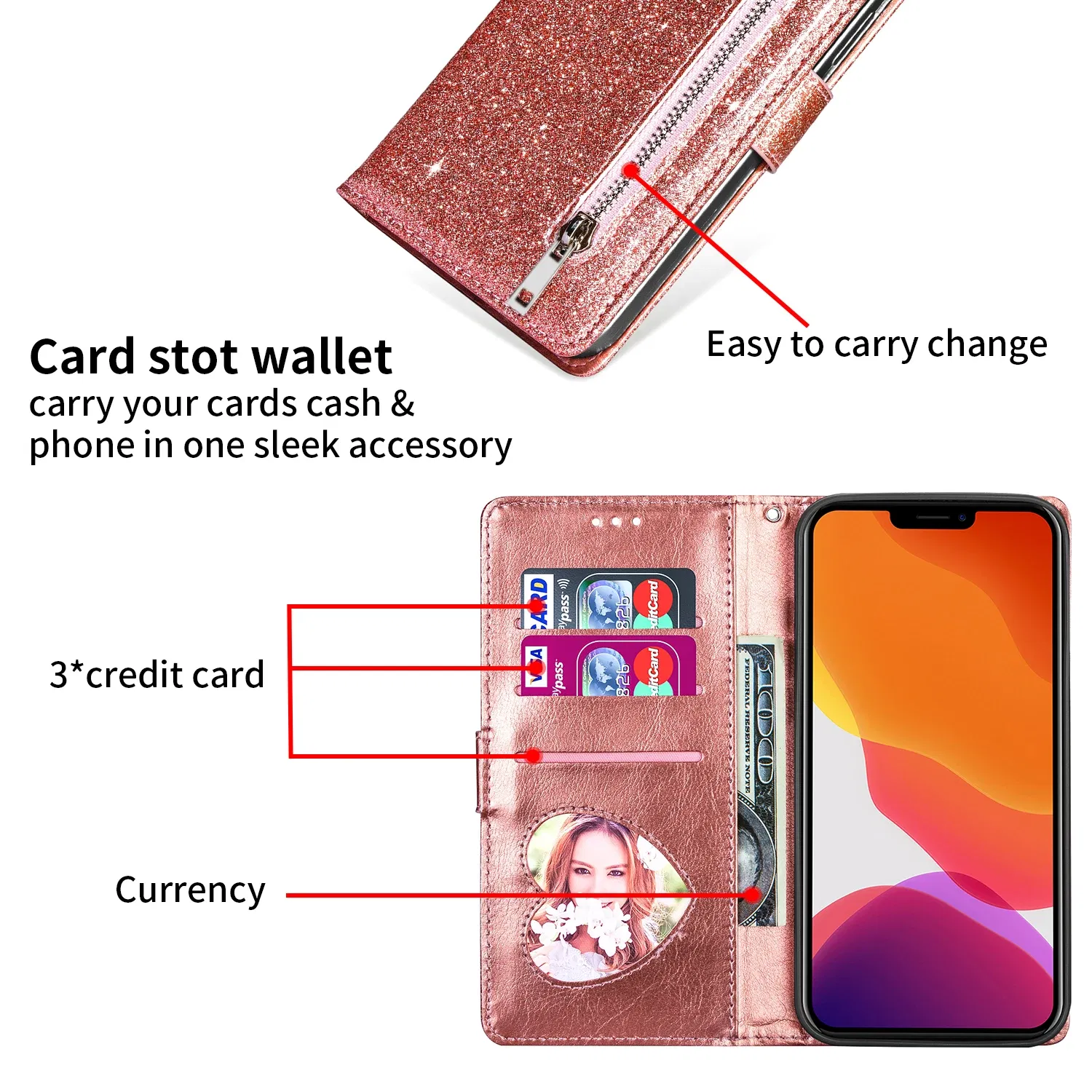 Color: Silver, Material: Nylon - Zipper Flip Wallet Glitter Leather Case for iPhone 16 15 14 13 12 11 Pro Max XS XR 8 7 Plus SE 2022 Mini Bling Stand Phone Cover