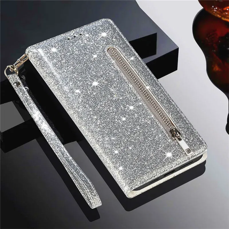 Color: Silver, Material: Nylon - Zipper Flip Wallet Glitter Leather Case for iPhone 16 15 14 13 12 11 Pro Max XS XR 8 7 Plus SE 2022 Mini Bling Stand Phone Cover