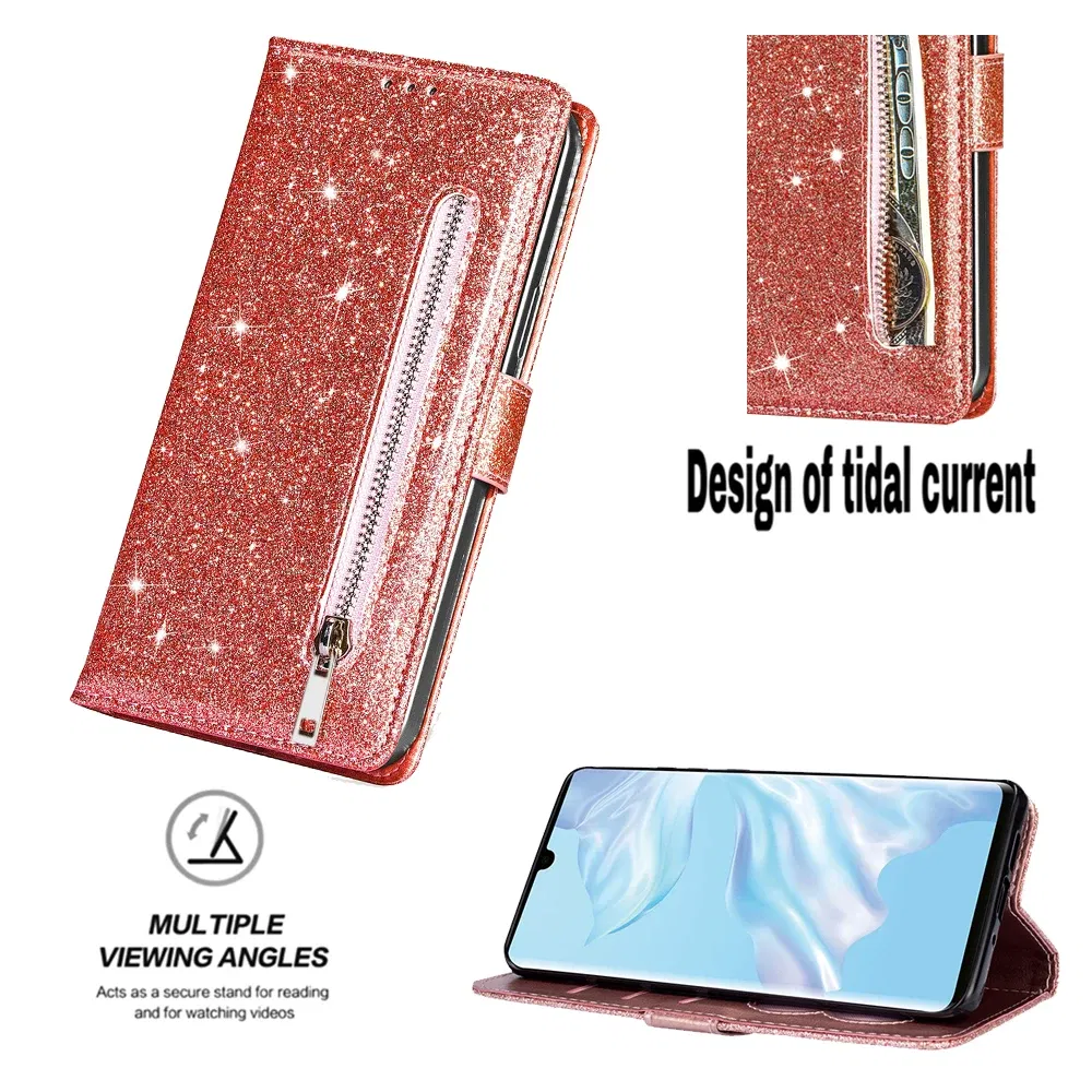 Color: Silver, Material: Nylon - Zipper Flip Wallet Glitter Leather Case for iPhone 16 15 14 13 12 11 Pro Max XS XR 8 7 Plus SE 2022 Mini Bling Stand Phone Cover