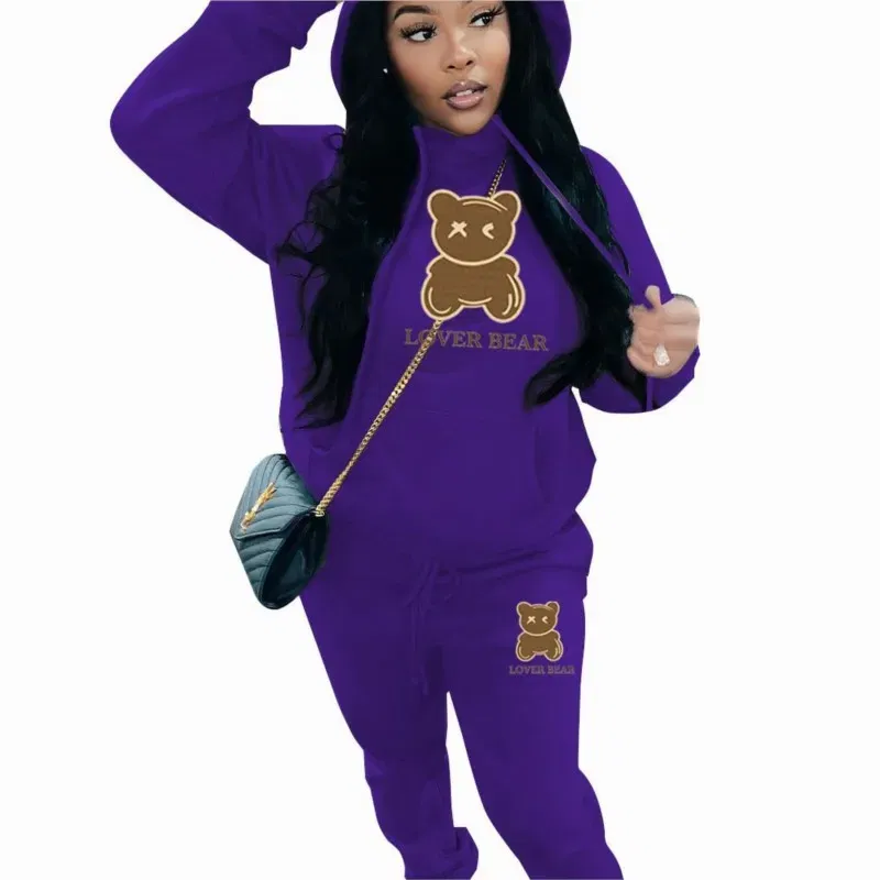 Color: Red, Size: XL - 2 Piece Set Women Outfit Letter Bear Print Hooded Neck Hoodies Sweatshirt Pants Tracksuit 2024 Plus Size Streetwear Casual Suit