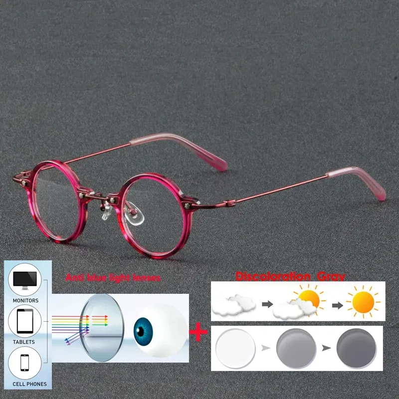 Frame Color: Red, Eye Prescription: +175 - VCKA Anti-blue Discolor Acetate+Titanium Myopia Glasses Frames Small Round Men Prescription Optical Women Eyewear -0.50 to -10.0
