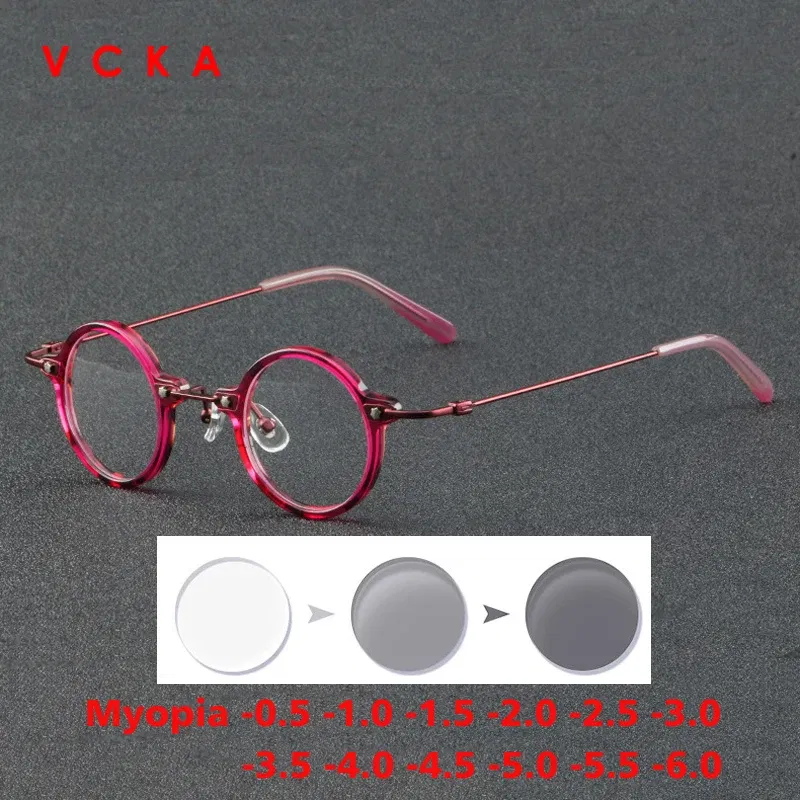 Frame Color: Red, Eye Prescription: +175 - VCKA Anti-blue Discolor Acetate+Titanium Myopia Glasses Frames Small Round Men Prescription Optical Women Eyewear -0.50 to -10.0