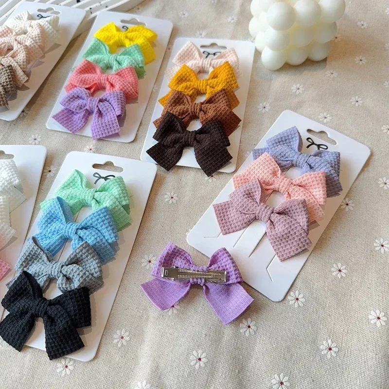 Color: light green - 4PCS Soft Cotton Bow Hairpin Girl Sweet Plaid Design Hairpin Color Block Delicate Hairgripe Barrettes Kawaii Child Accessories