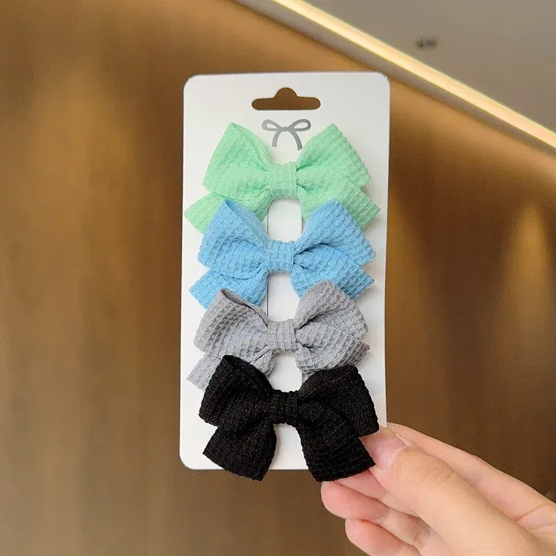 Color: light green - 4PCS Soft Cotton Bow Hairpin Girl Sweet Plaid Design Hairpin Color Block Delicate Hairgripe Barrettes Kawaii Child Accessories