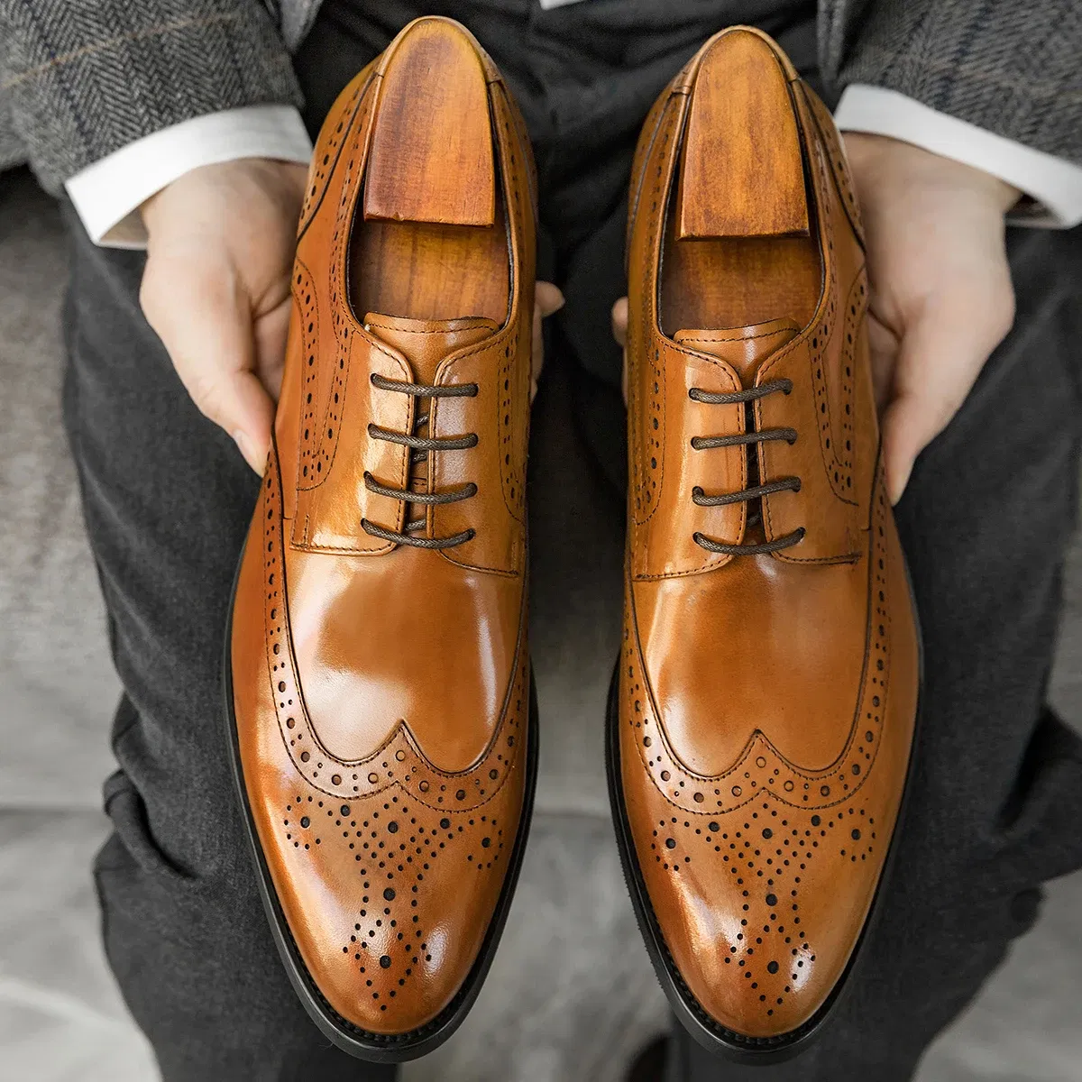 Color: GRAY, Shoe Size: 10 - Hanmce Shoes For Men With Free Shipping Multi-color Fashion Breathable Leather Businese Wedding Brogue Shoes
