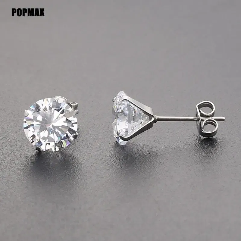 Metal Color: Gold-color, Main Stone Color: Green - POPMAX 1Pairs/2Pcs Stainless Steel Crystal Studs Earrings For Women Men 4 Prong Tragus Round Clear Cubic Zirconia Ear Jewelry