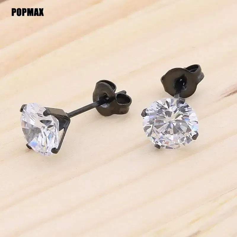 Metal Color: Gold-color, Main Stone Color: Green - POPMAX 1Pairs/2Pcs Stainless Steel Crystal Studs Earrings For Women Men 4 Prong Tragus Round Clear Cubic Zirconia Ear Jewelry