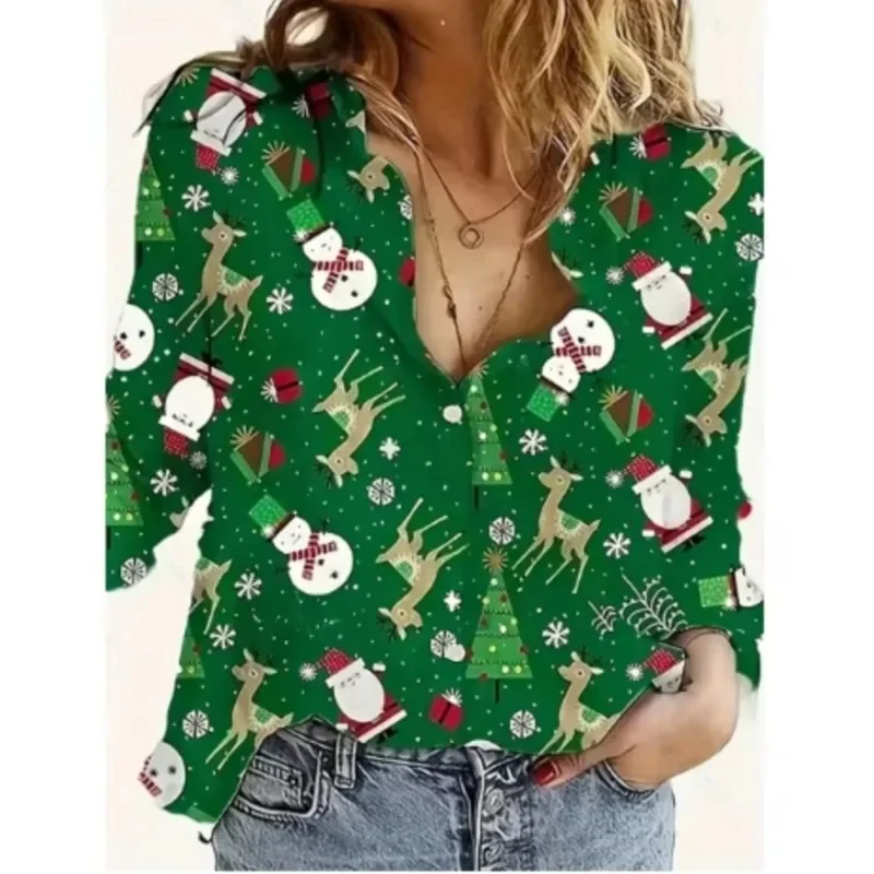 Color: GRAY, Size: 5XL, Ships From: CHINA - Women New Christmas Shirt Cute Christmas Tree Santa Claus Print Blouses Casual Long Sleeve Button Tops Autumn Blouses Ladies