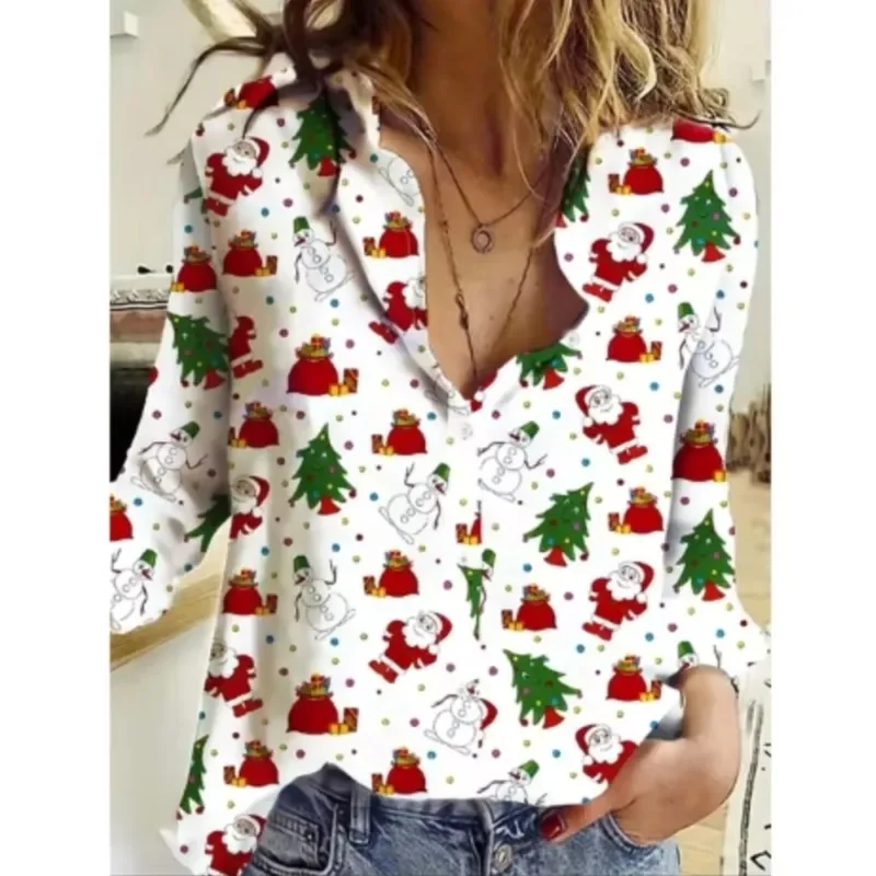 Color: GRAY, Size: 5XL, Ships From: CHINA - Women New Christmas Shirt Cute Christmas Tree Santa Claus Print Blouses Casual Long Sleeve Button Tops Autumn Blouses Ladies